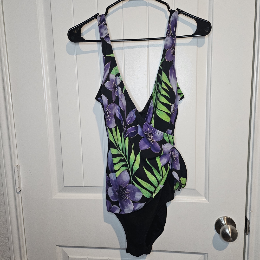 Longitude Floral One Piece Swimsuit Purple Green Black Wrap Front